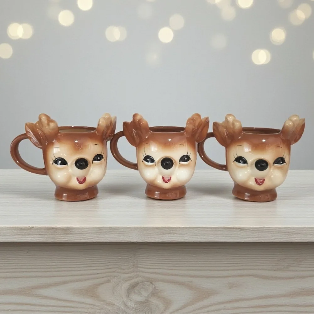 Pottery Barn Lot of 3 Cheeky Reindeer Christmas Holiday Mugs RARE Whimsical